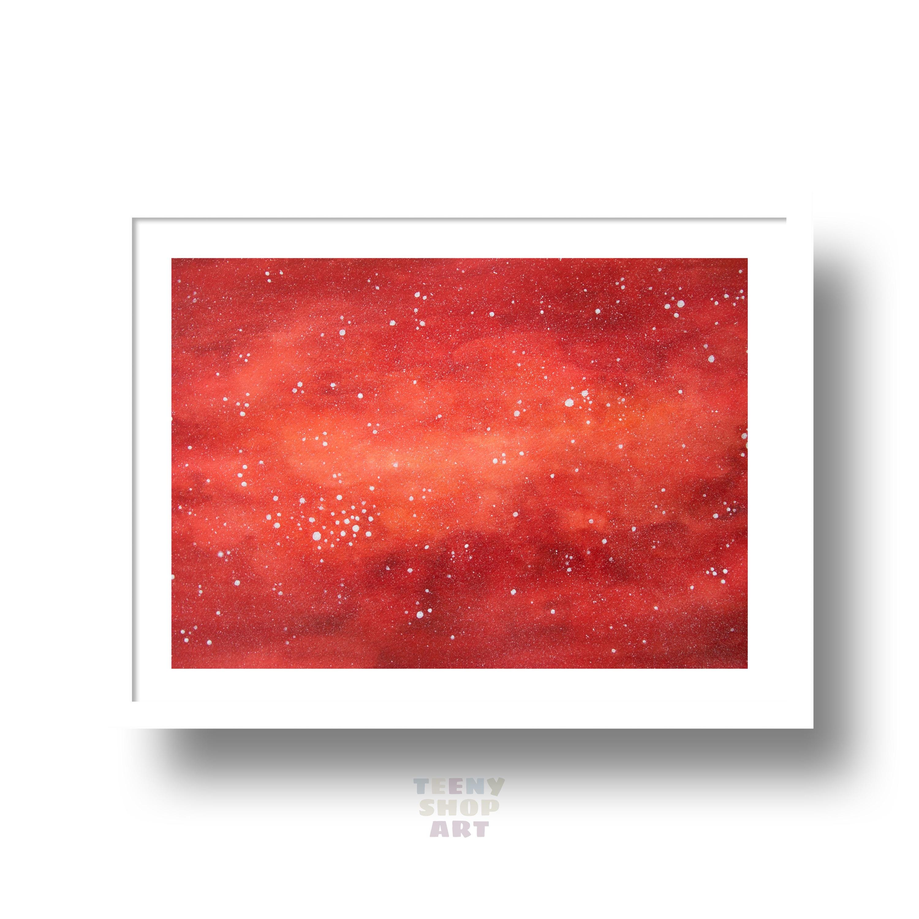オリジナルの水彩画、赤い銀河の星、水彩画の壁画、モノクロームアート