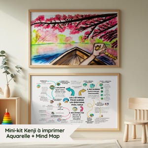 Peut inclure: Deux impressions d'art encadrées. L'impression supérieure est une aquarelle d'un bateau sur un lac avec des fleurs de cerisier roses. L'impression inférieure est une carte mentale avec du texte en français.