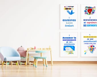 Comunicación no violenta en francés, carteles infantiles, arte de la inteligencia emocional, póster de emociones en francés