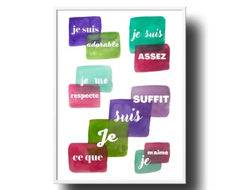 kids positive affirmations poster, watercolor poster, french positive affirmation, affirmations kids printable wall art