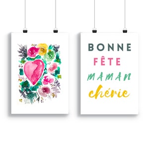 carte imprimable fête des mères en français, carte aquarelle fleurs et coeur, carte florale, Cadeau pour Maman, affiche aquarelle à Imprimer