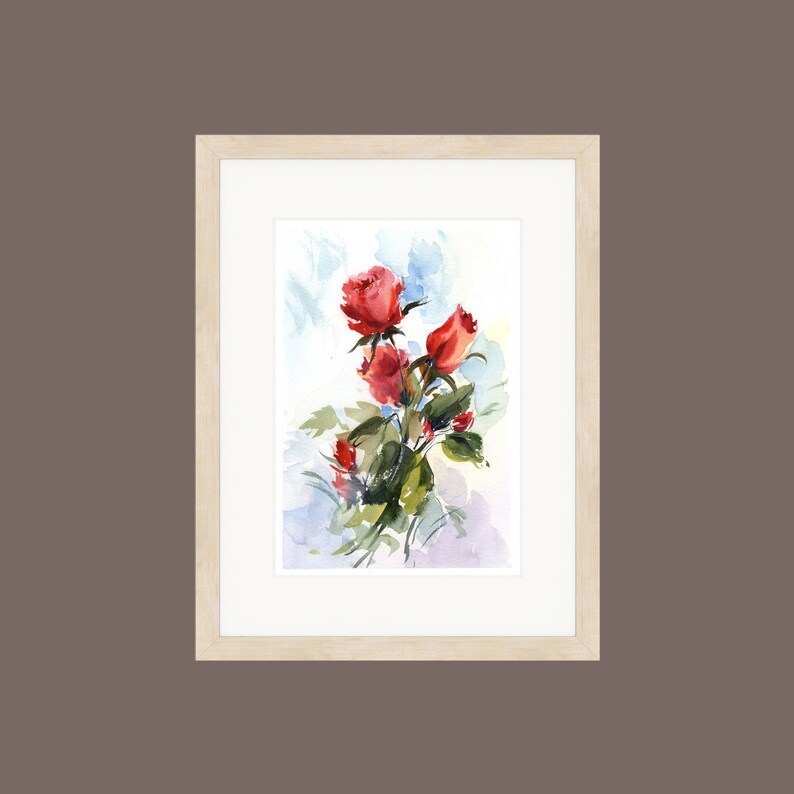 Home Decor Flower bouquet Housewarming Gift Framed painting Wall decor Scarlet roses Alpine Roses Over the dresser art Wall Art