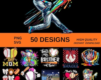 Baseball PNG SVG Bundle 50 Designs, Game Day Clipart No Background, Retro Baseball Shirt DTF, Baseball Mom Sublimation Digital Download