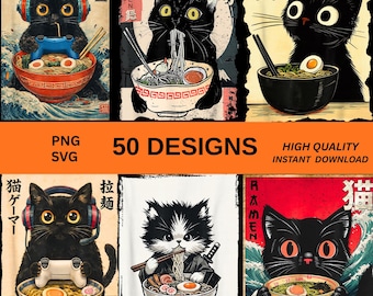 Kawaii Ramen Cat PNG SVG Bundle 50 Designs, Japanese Noodles Cat Shirt DTF, Anime Cat Sublimation, Retro Kawaii Cat Digital Download