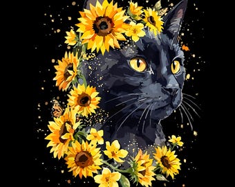 Black Cat Sunflower Floral SVG PNG Cute Nature Animal Shirt Cricut DTF