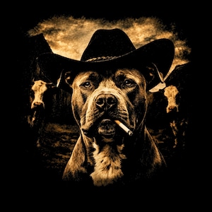 Può includere: Grafica in tonalità seppia raffigurante un cane con un cappello da cowboy nero e una sigaretta. Il cane ha un'espressione seria, con mucche e un fienile sullo sfondo. L'immagine ha un'estetica vintage e rustica.