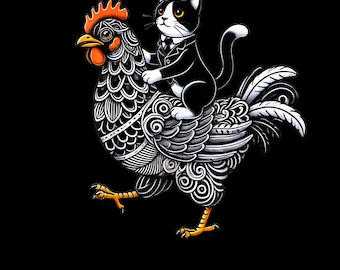 Tuxedo Cat Riding Chicken SVG PNG Funny Farm Animal Ride Shirt Cricut DTF