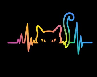 Heartbeat Cat SVG PNG Rainbow Pulse Feline Lover Shirt Cricut DTF