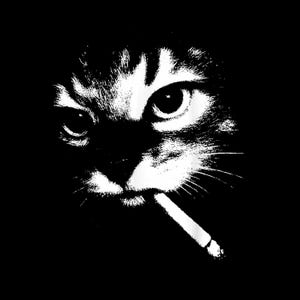以下が含まれることがあります： タバコをくわえた猫の顔の白黒グラフィック。猫の目は開いており、毛皮には縞模様があります。画像は黒い背景に設定されています。