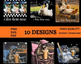 Raccoon Goose Ballfield I Live Here Now PNG SVG, Funny Baseball Softball Mom Shirt DTF, Feral Mama Game Day Gift Digital Download