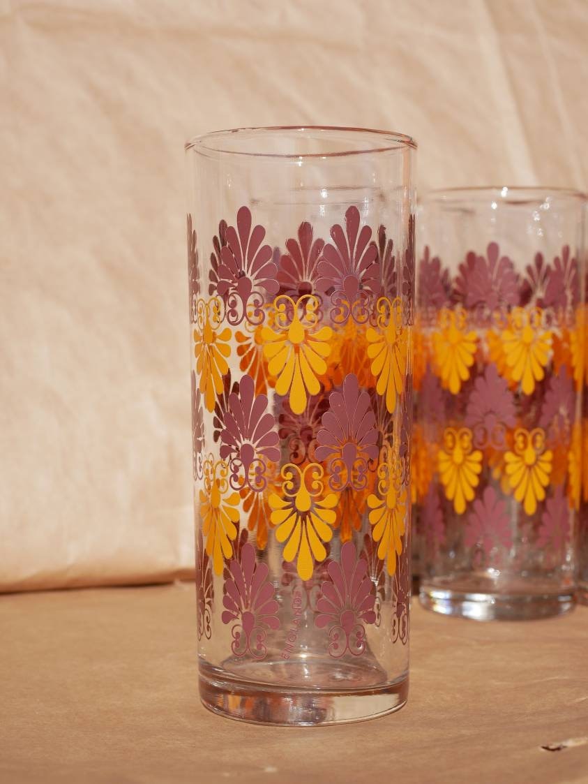 Set of 6 Decorative Vintage Retro Highball Glasses Orange and Etsy