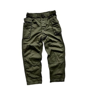 Unique Vintage Japanese Military Chino Pant US Army Camping Trouser Cargo Olive Green Patched Pocket Double Knees Belt Adjustable Waist Rare