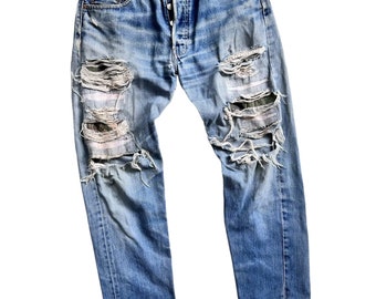 Rare Unique Vintage Patchwork Jeans Reworked Remake Frayed Ripped Damaged Denim Camouflage Patched Handmade Boro Punk Pant Retro Fashion W31