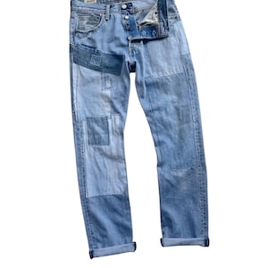 Rare Unique Vintage Patchwork BigE Jean Reworked Remake Distressed Ripped Denim Rag Patched Crazy Handmade Boro Japanese Pant Retro Selvedge