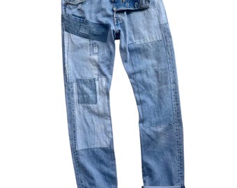 Rare Unique Vintage Patchwork BigE Jean Reworked Remake Distressed Ripped Denim Rag Patched Crazy Handmade Boro Japanese Pant Retro Selvedge