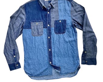 Vintage Blue Denim Patchwork Shirts Colorblock Different Shades Indigo Combination Jeans Upcycled Unique Casual Outerwear Long Sleeves Men L