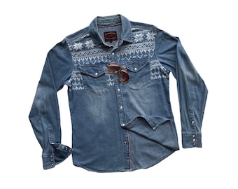 Men’s Blue Indigo Denim Shirts Vintage Authentic Jean Aztec Navajo Tribal Print Vector Ethnic Symbol Geometric Embroidery Snap Rare Unique