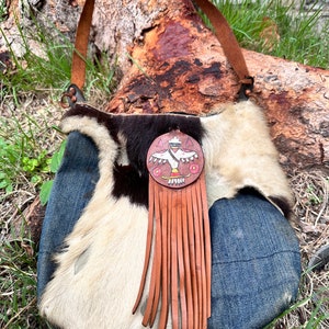 Vintage Crossbody Body Bag Jeans Rindsleder Denim Handgemacht Cowboy Indianer Boho Sammlerstück Buffalo Girl Western Stil Einzigartig Unisex