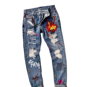Rare Unique Vintage Graffiti Distressed Print Paint Splatter Patchwork Jean Reworked Frayed Ripped Denim Crazy Handcrafted Pant Retro Artisa