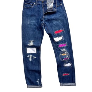 Rare Unique Vintage Patchwork Jeans Reworked Remake Artwork Denim Patched Handcraft Boro Sashiko Pant Ripped Retro Boho Fashion One-of-Kind