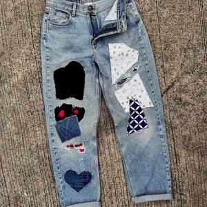 Rare Unique Vintage Patchwork Jeans Reworked  Street Style Repair Frayed Ripped Denim Patched Crazy Upcycled Handmade Boro Japanese Sashiko