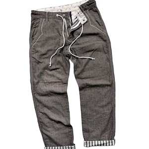 Vintage Edwin Japan Pant Organic Cotton Linen Trouser Gray Chambray Stripe Detailing Drawstring Waist Comfortable Workwear Street Fashion L