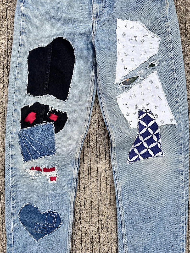 Patch Work Fix Rare Unique Vintage Patchwork Jeans Reworked Street Style Repair Frayed ...