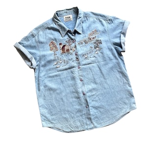 Unisex Vintage 80s Blue Denim Shirt Short Sleeve Outerwear Classic Rural Country Embroidery Jeans Embroidered Casual Lightweight Rare Unique