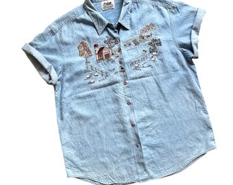 Unisex Vintage 80s Blue Denim Shirt Short Sleeve Outerwear Classic Rural Country Embroidery Jeans Embroidered Casual Lightweight Rare Unique