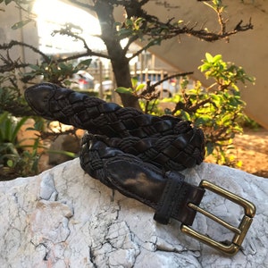 Used Rare Vintage Braided Genuine Cowhide Leather Belt Woven USA Dark Brown Authentic Brass Gold Buckle Casual Elegant Stylish Unisex Size38