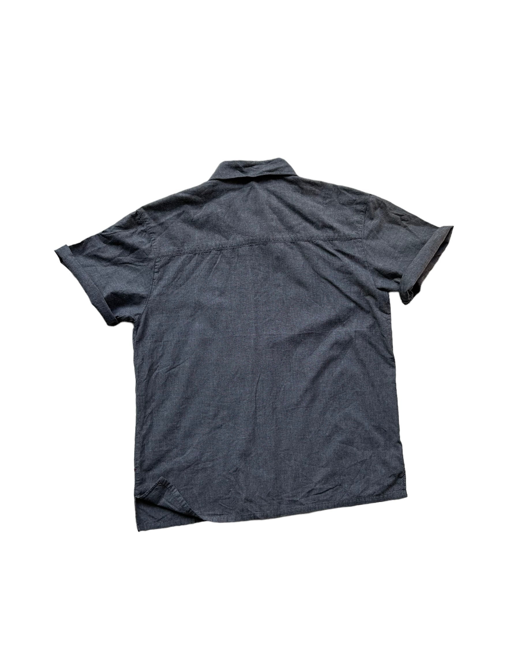 Vintage Patchwork Embroidery Gray Chambray Top Short Sleeve