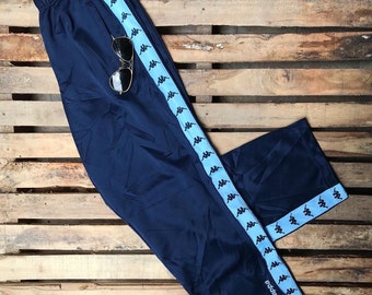 Unisex 90s Vintage Track Drawstring Elastic Sweatpants Kap Signature Side Stripe Tape Dark Blue Sport Athletic Streetwear Workout Pants Sz M