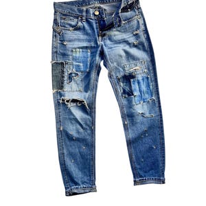Women Unique Vintage Patchwork Jeans Lee Reworked Street Style Frayed Ripped Rust Denim Patched Handmade Boro Japanese Heritage Sashiko Rare