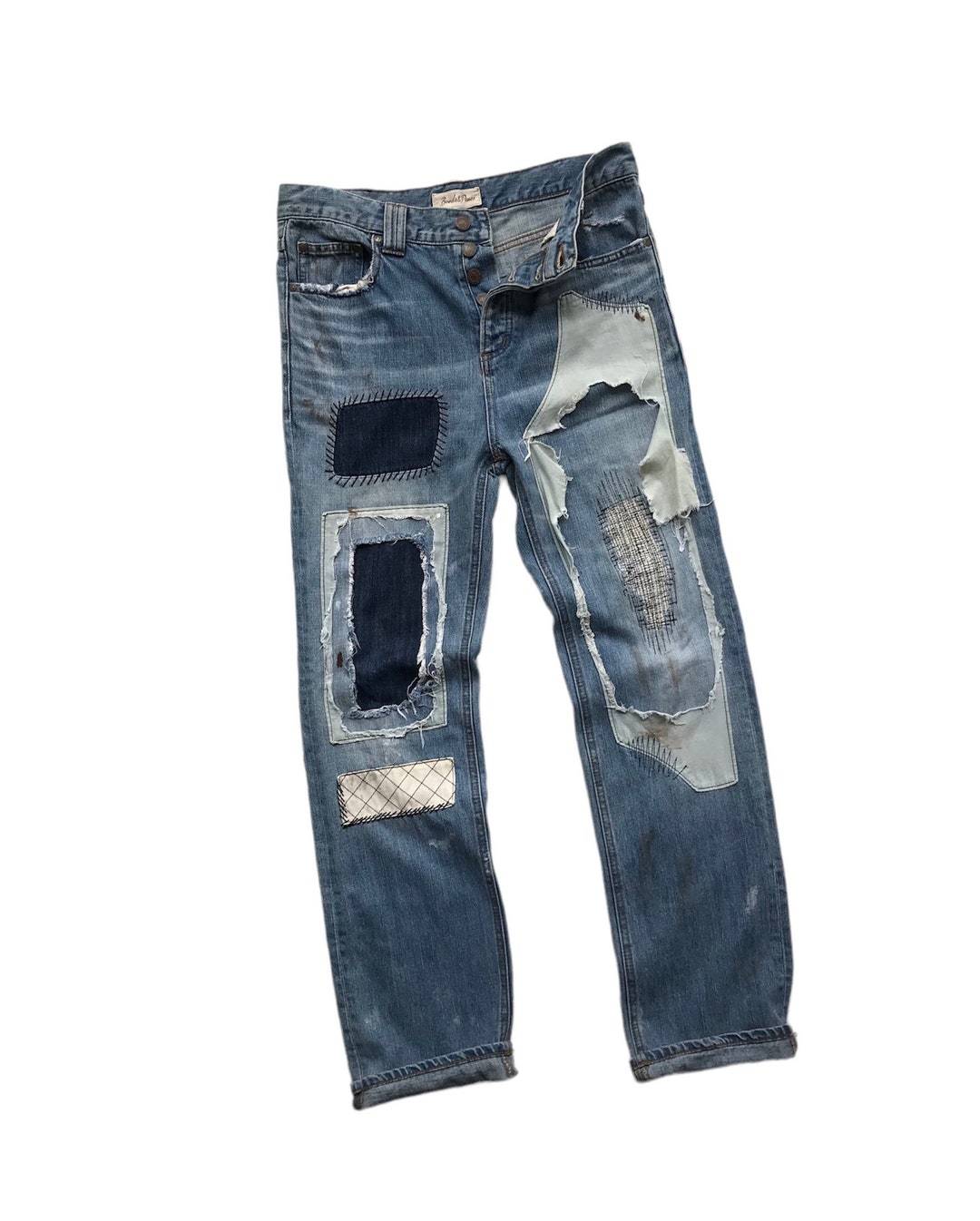 Rare Unique Vintage Patchwork Jeans Reworked Remake Artwork Frayed Ripped  Denim Patched Crazy Handmade Boro Punk Pant Retro Old Fashion W 34 