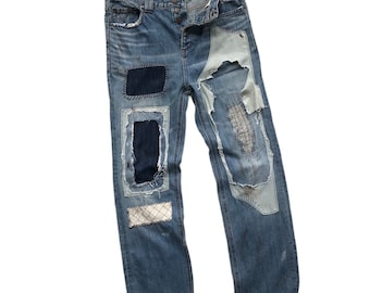 Jeans patchwork vintage unici e rari, rielaborati, rifatti, con grafica sfilacciata, strappati, rattoppati, fatti a mano, pantaloni punk Boro, retrò, vecchia moda, W 34