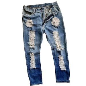 Rare Unique Vintage Indigo LEE Jean Reworked Streetwear Ripped Distressed Denim Shredded Hobo Grunge Style Handcrafted Boro Japanese Sashiko