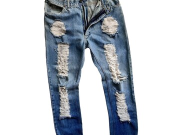Rare Unique Vintage Indigo LEE Jean Reworked Streetwear Ripped Distressed Denim Shredded Hobo Grunge Style Handcrafted Boro Japanese Sashiko