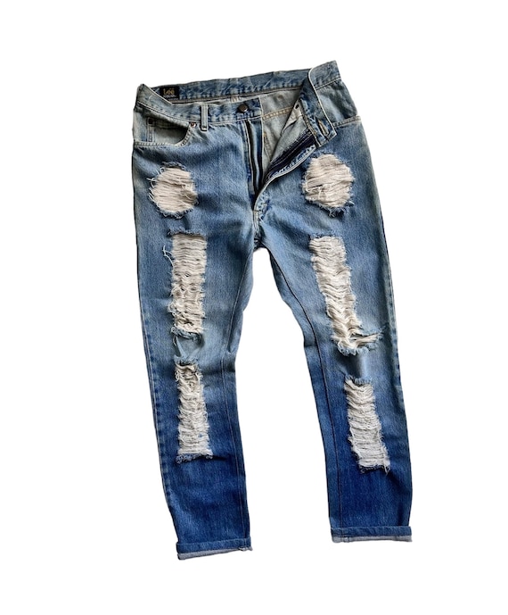 Rare Unique Vintage Indigo LEE Jean Reworked Streetwear Ripped