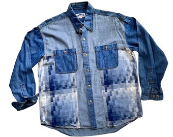 Vintage Blue Indigo Patchwork Denim Shirts Upcycled Colorblock 3D Print Patched Combination Jeans Unique Casual Outerwear Long Sleeves Rare