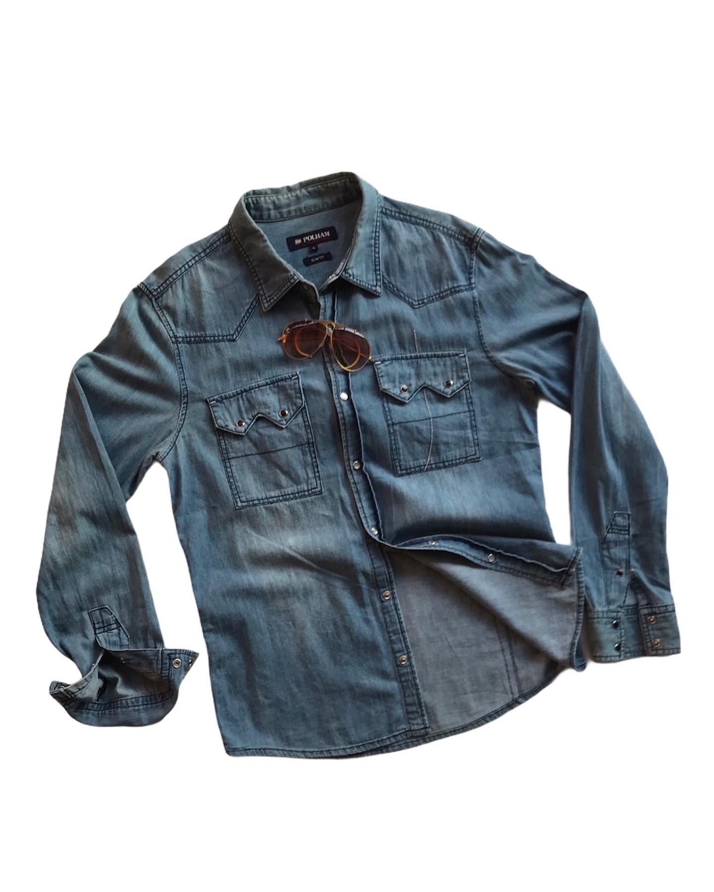 Uomo Outfit autentico vintage gessato jeans top bianco e blu denim giacca usata camicie nere bottoni automatici lavoro abbigliamento esterno casual retrò raro taglia M