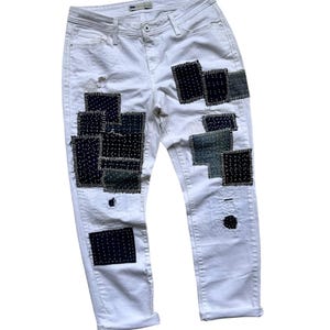 Rare Unique Vintage Patchwork White Jeans Reworked Street Style Repair Frayed Ripped Denim Patched Upcycled Handmade Boro Japanese Sashiko