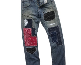 Rare Unique Vintage Patchwork Jeans Reworked Remake Artwork Frayed Ripped  Denim Patched Bandana Handmade Hand Sew Stitch Boro Pant Retro W34