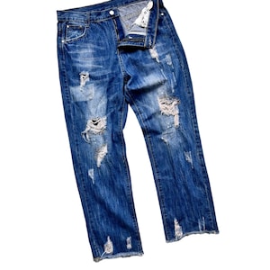 Rare Unique Vintage Patchwork Indigo Jeans Reworked  Streetwe Repair Frayed Hem Ripped Denim Patched Upcycled Handmade Boro Japanese Sashiko