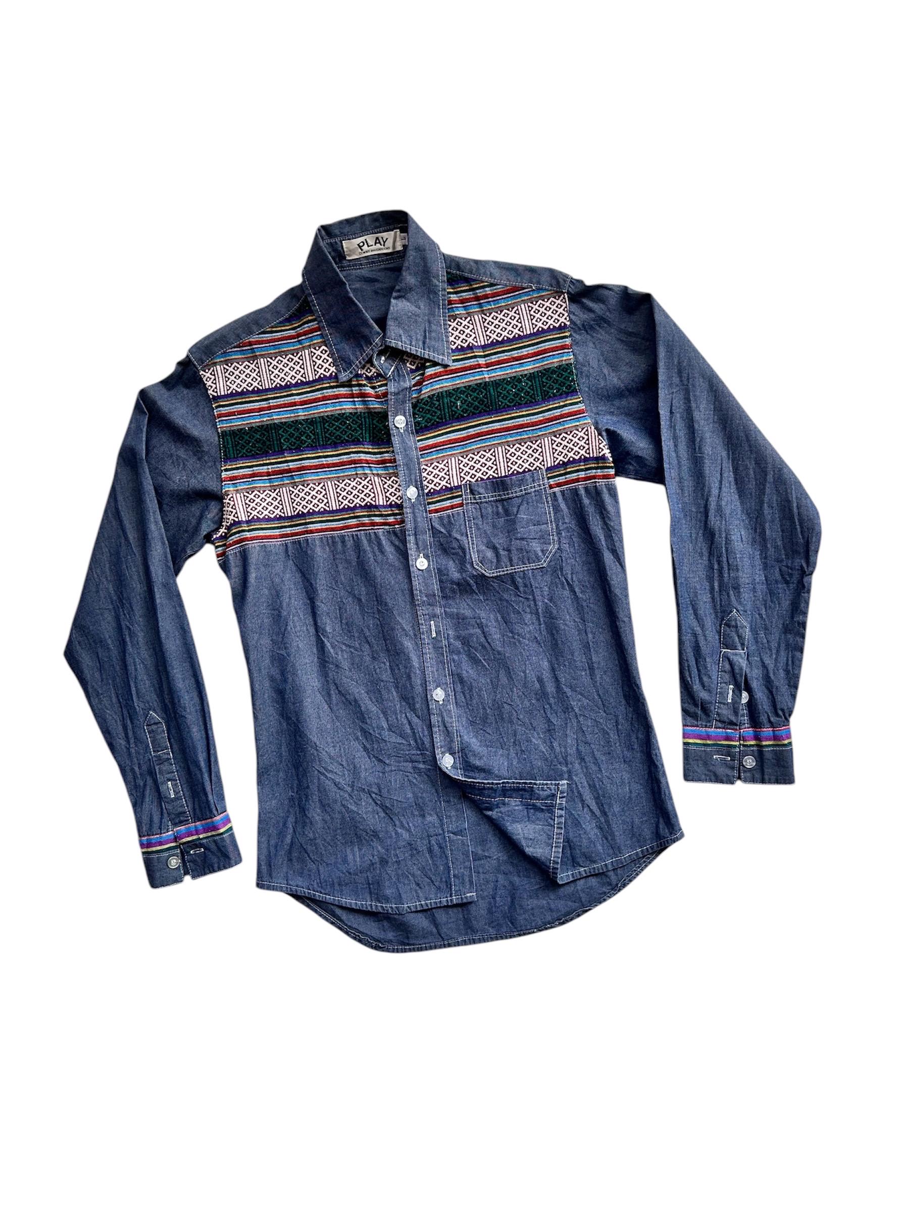 Unisex Vintage Blue Denim Shirt Authentic Jean Embroidered Aztec Navajo Tribal Patchwork Vector Ethnic Boho Upcycled Geometric Retro Rare Sl