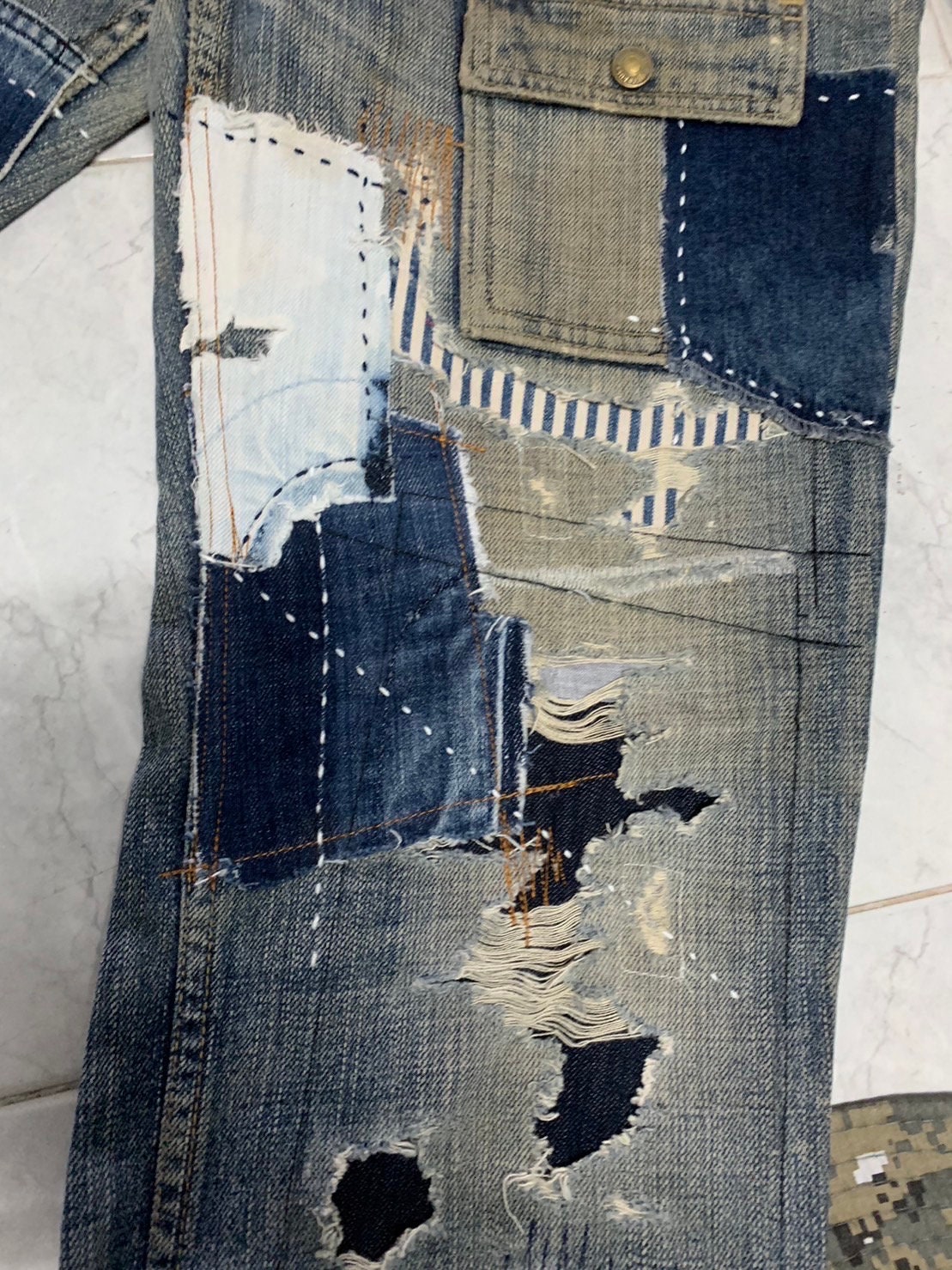 Rare Unique Vintage Patchwork Jeans Reworked Street Style Repair Frayed