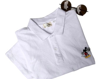 Unisex Vintage Collared White Stretch Polo Shirt Limited Authentic Top Embroidered Mickey Embroidery Pullover Casual Outfit SzL