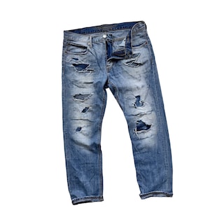Unisex Rare Unique Vintage Patchwork Jeans Reworked Street Style Repair Frayed Ripped Denim Patched Handmade Boro Japanese Heritage Sashiko