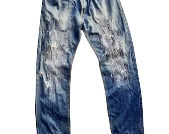 Vaqueros de patchwork vintage auténticos, únicos y raros, reelaborados, de estilo urbano, reparación, desgarros, denim desgastado, parches, artesanía, Boro Heritage Sashiko Fas
