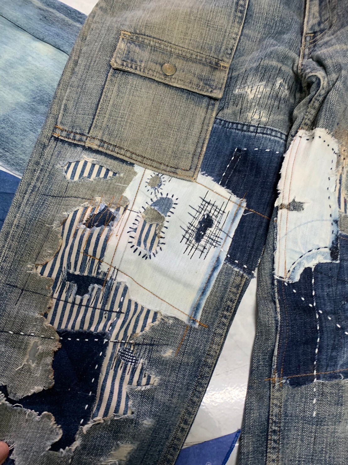 Rare Unique Vintage Patchwork Jeans Reworked Street Style Repair Frayed