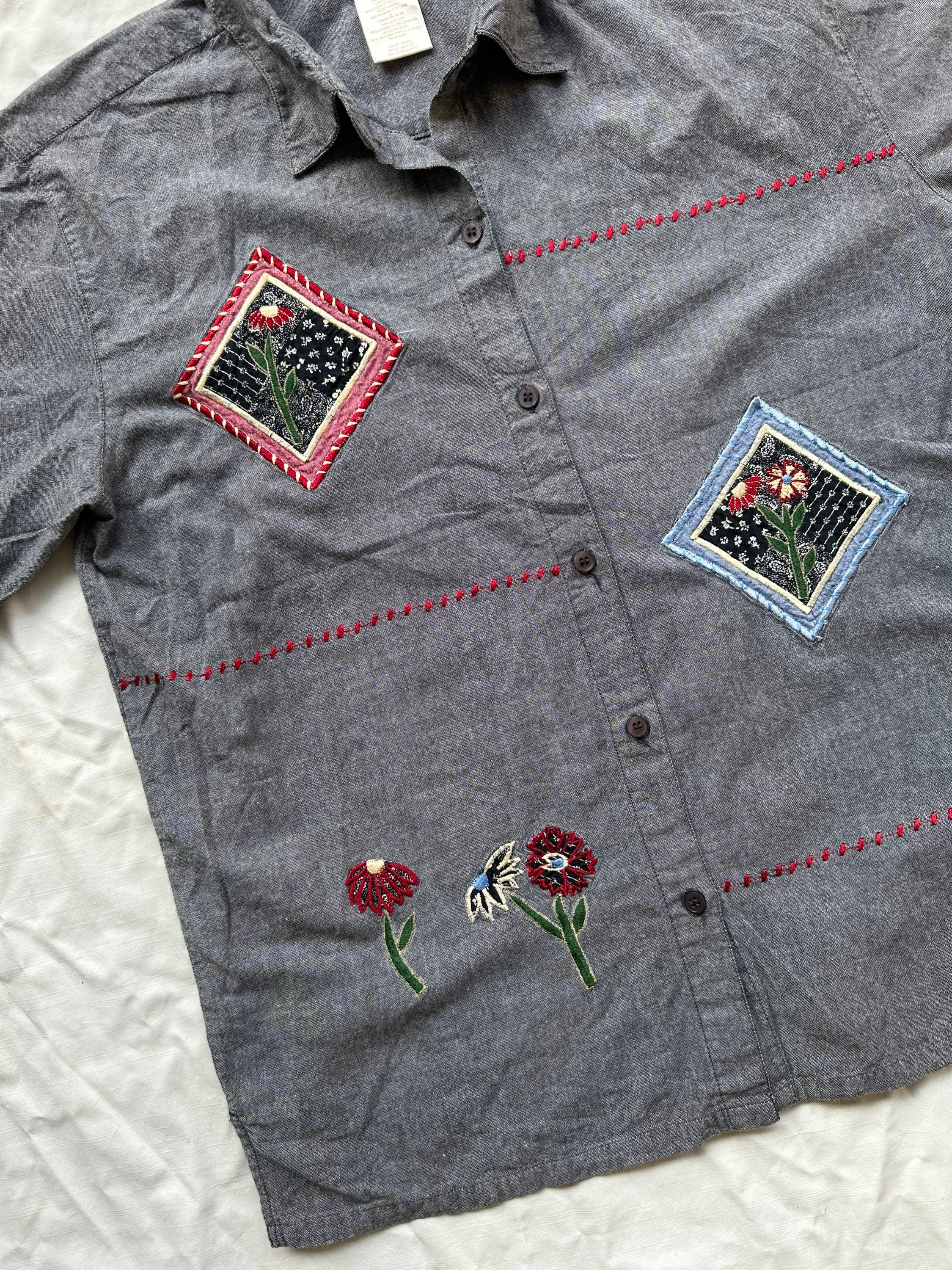 Vintage Patchwork Embroidery Gray Chambray Top Short Sleeve